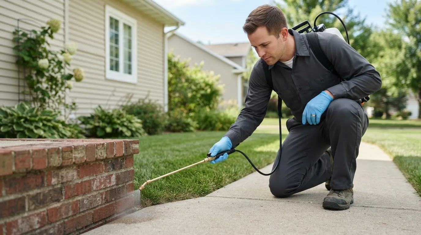 Pest control technician treating a home near Fort Littleton, PA
